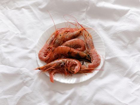 Studio photo of a ceramic plate with raw shrimps on top of a white rough paper surface