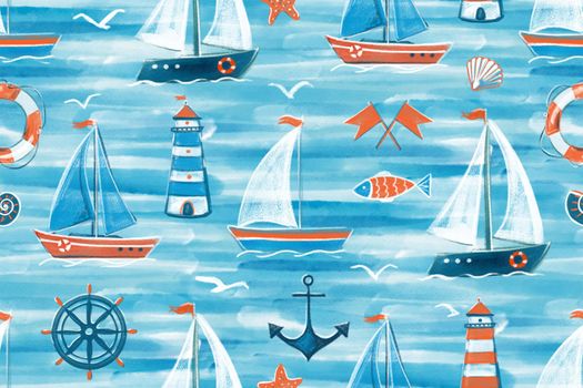 Seamless pattern. On a blue background, sailboats float on the water. Watercolour.