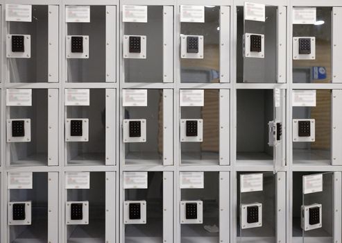 Background of a set of safe deposit boxes in a commercial area