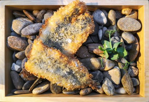 fried salmon fillet stacked on a tray with sea stones