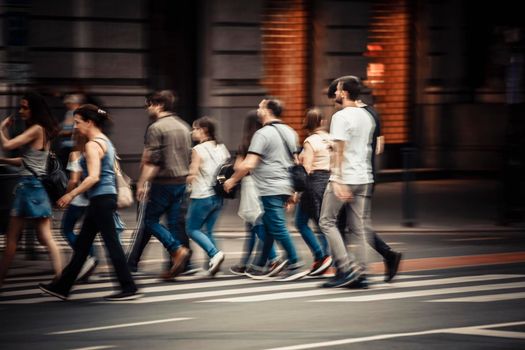 Budapest, BD - April, 2018. People crossing the road in the City centre of Budapest