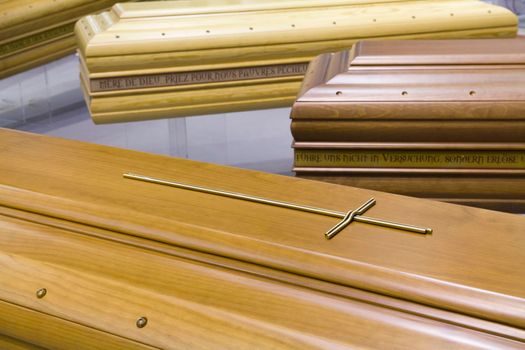 Wooden coffins used for funerals.