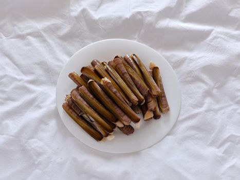 Studio photo of a white ceramic plate with raw razor clams on top of a white rough paper surface