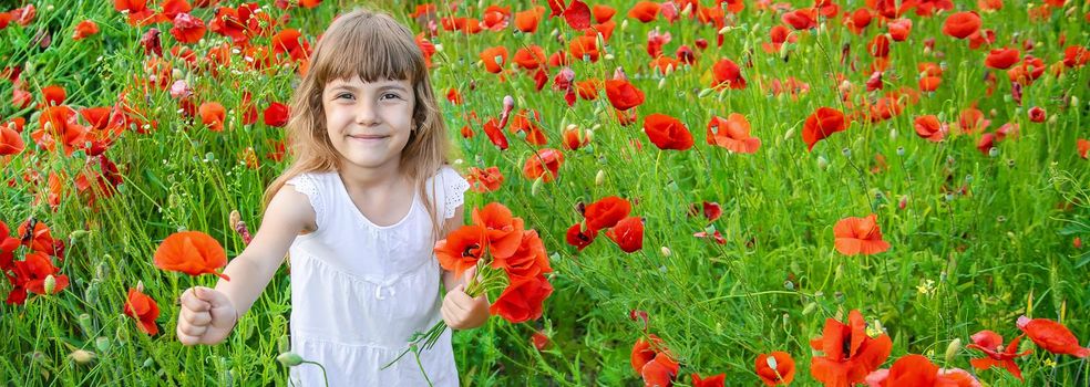 children girl in a field with poppies. selective focus.