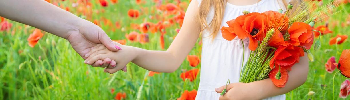 children girl in a field with poppies. selective focus.