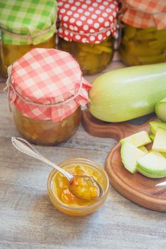 Preservation of zucchini. Zucchini jam. Selective focus Food