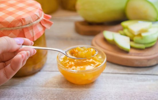 Preservation of zucchini. Zucchini jam. Selective focus Food