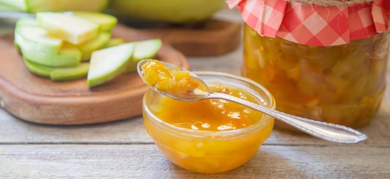 Preservation of zucchini. Zucchini jam. Selective focus Food