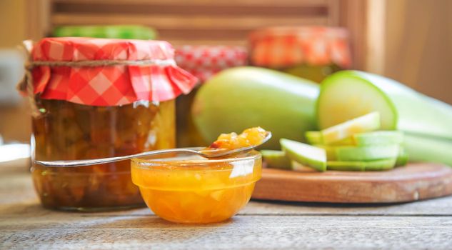 Zucchini jam in a jar. Selective focus. Food.