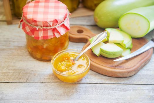 Preservation of zucchini. Zucchini jam. Selective focus Food
