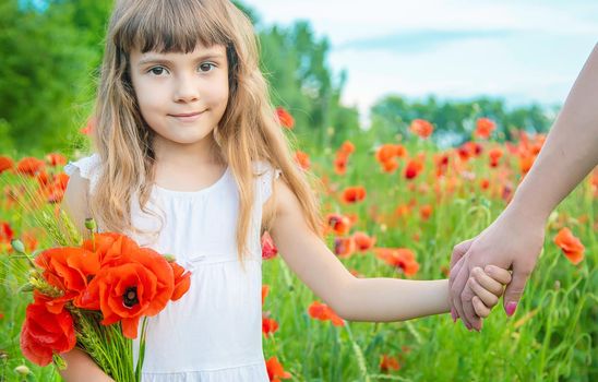 children girl in a field with poppies. selective focus.