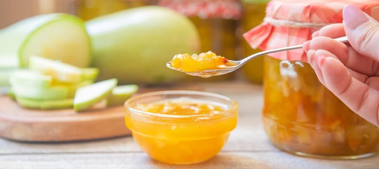 Preservation of zucchini. Zucchini jam. Selective focus Food