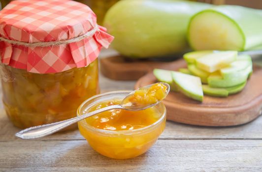 Preservation of zucchini. Zucchini jam. Selective focus Food