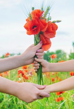 children girl in a field with poppies. selective focus.