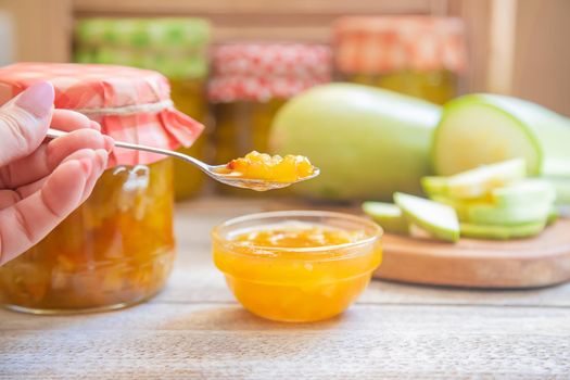 Preservation of zucchini. Zucchini jam. Selective focus Food