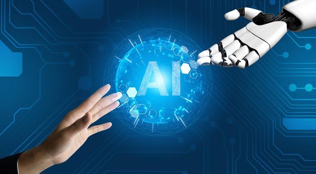 3D Rendering futuristic robot technology development, artificial intelligence AI, and machine learning concept. Global robotic bionic science research for future of human life.