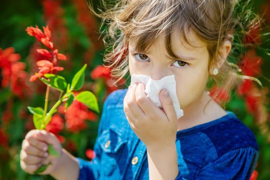 Seasonal allergy in a child. Coryza. Selective focus.