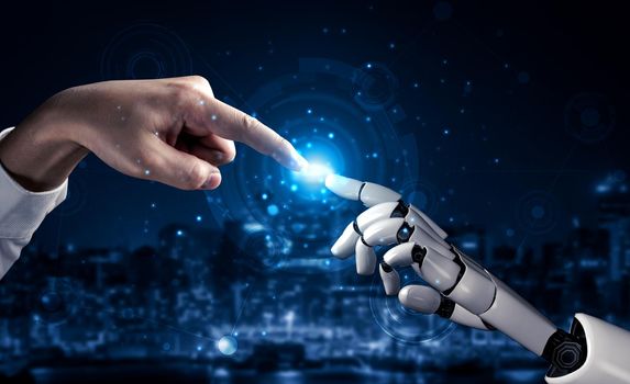 3D rendering artificial intelligence AI research of robot and cyborg development for future of people living. Digital data mining and machine learning technology design for computer brain.