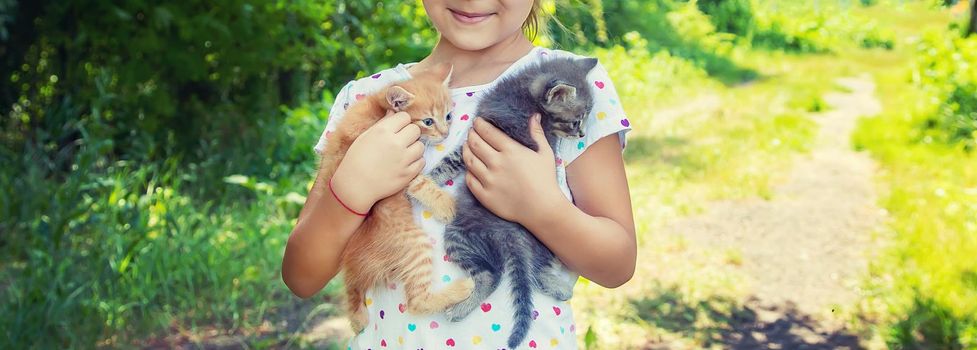 Little kittens in the hands of children. Selective focus.