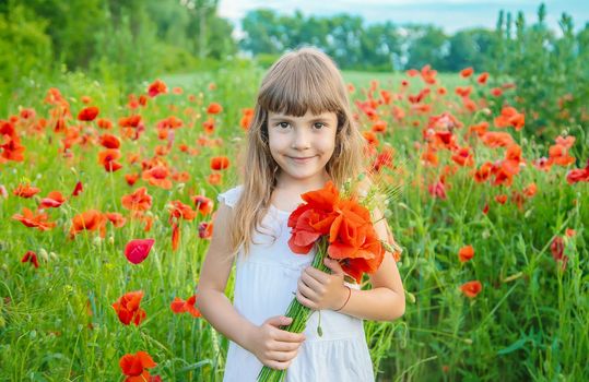children girl in a field with poppies. selective focus.