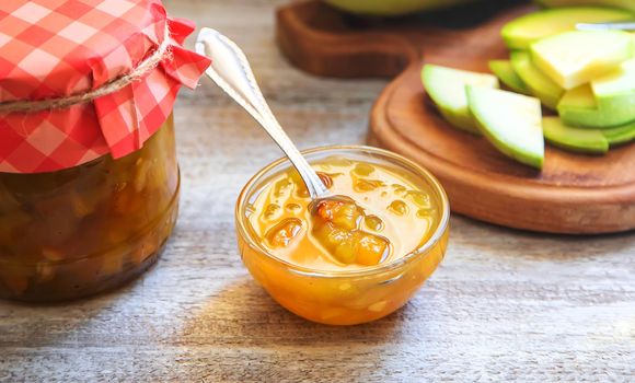Zucchini jam in a jar. Selective focus. Food.