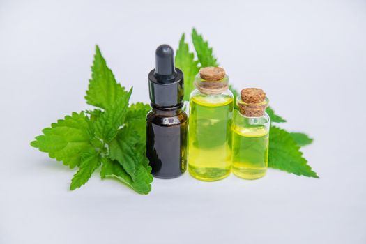 the nettle extract in a small jar. Selective focus. nature.