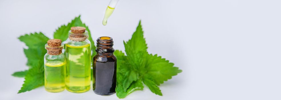 the nettle extract in a small jar. Selective focus. nature.