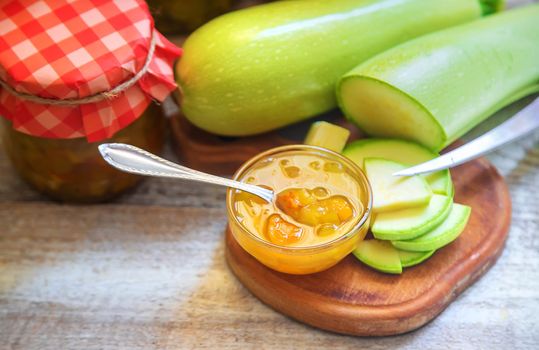 Zucchini jam in a jar. Selective focus. Food.