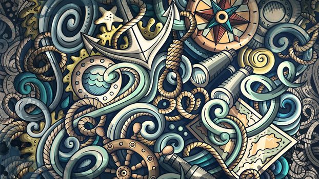 Doodles Nautical illustration. Creative marine background. Colorful stylish raster wallpaper.