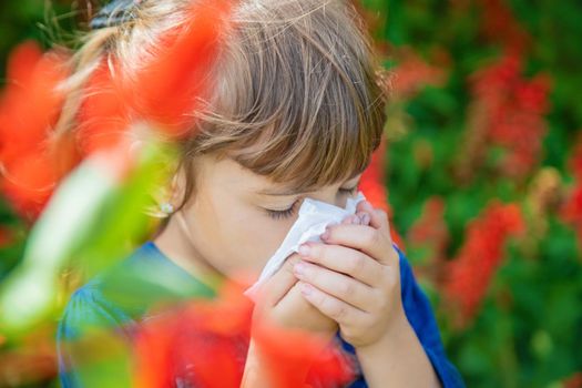 Seasonal allergy in a child. Coryza. Selective focus.