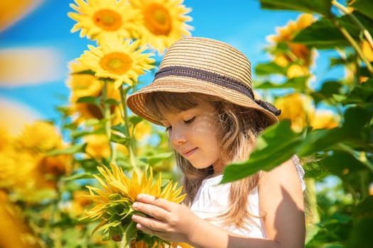 A child in a field of sunflowers. Selective focus.