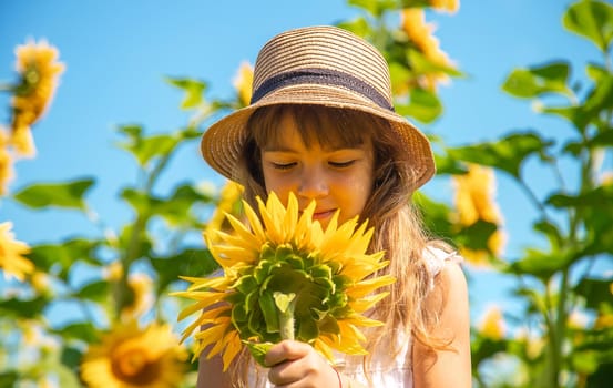 Child in a field of sunflowers. Selective focus. Nature.