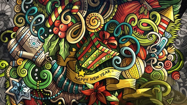 Doodles Happy New Year graphics illustration. Creative Merry Christmas art background. Colorful raster wallpaper.