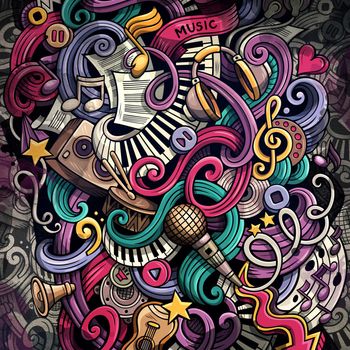 Doodles Musical illustration. Creative music background. Colorful stylish raster wallpaper.