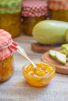 Preservation of zucchini. Zucchini jam. Selective focus Food