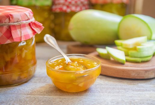 Preservation of zucchini. Zucchini jam. Selective focus Food