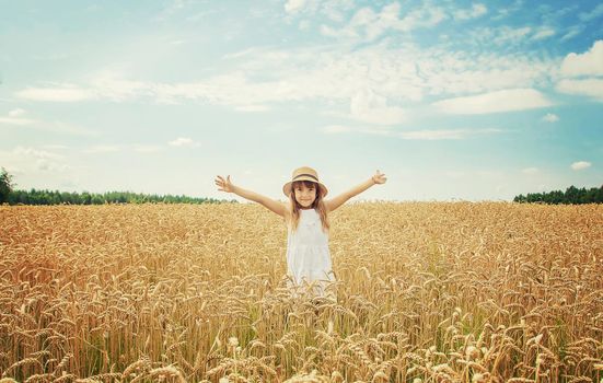 A child in a wheat field. Selective focus.