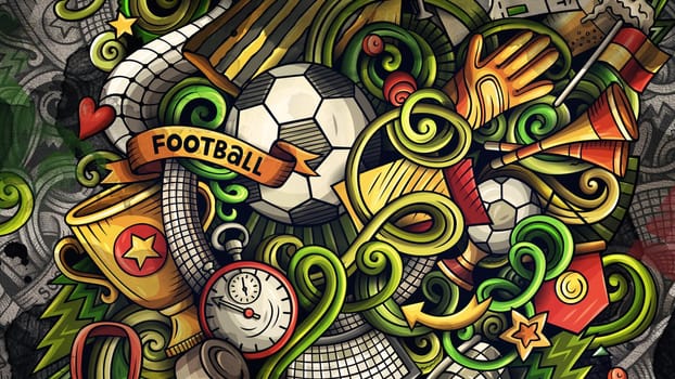 Doodles Soccer graphics illustration. Creative football background. Colorful stylish raster wallpaper.