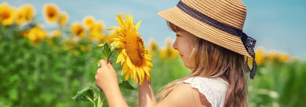 A child in a field of sunflowers. Selective focus.