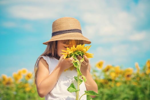 A child in a field of sunflowers. Selective focus.