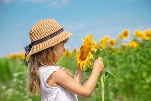 A child in a field of sunflowers. Selective focus.