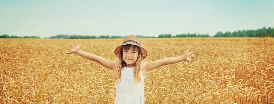 A child in a wheat field. Selective focus.