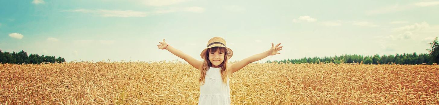 A child in a wheat field. Selective focus.