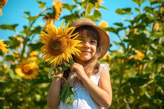 Child in a field of sunflowers. Selective focus. Nature.