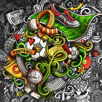 Doodles Soccer graphics illustration. Creative football background. Colorful stylish raster wallpaper.