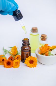 The calendula extract. Medicinal plants. Selective focus nature
