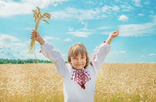 A child in a field of wheat in an embroidered shirt. Ukrainian. Selective focus.