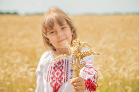 A child in a field of wheat in an embroidered shirt. Ukrainian. Selective focus.