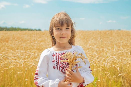 A child in a field of wheat in an embroidered shirt. Ukrainian. Selective focus.