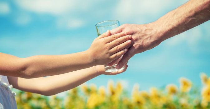 The father gives the child water in the background of the field. Selective focus. nature